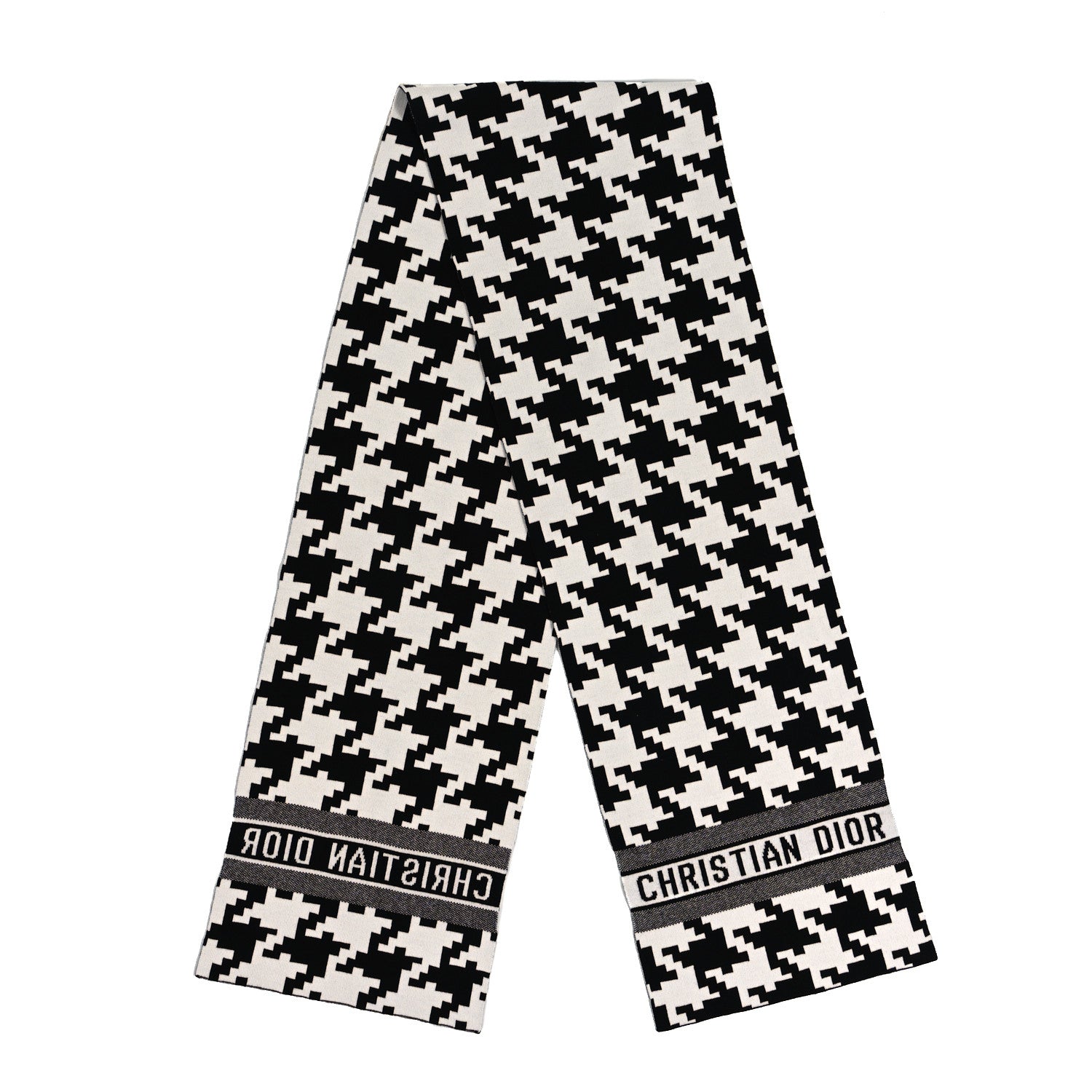 Christian Dior Cashmere Wool Houndstooth Fringe Scarf White Black 2 of 3