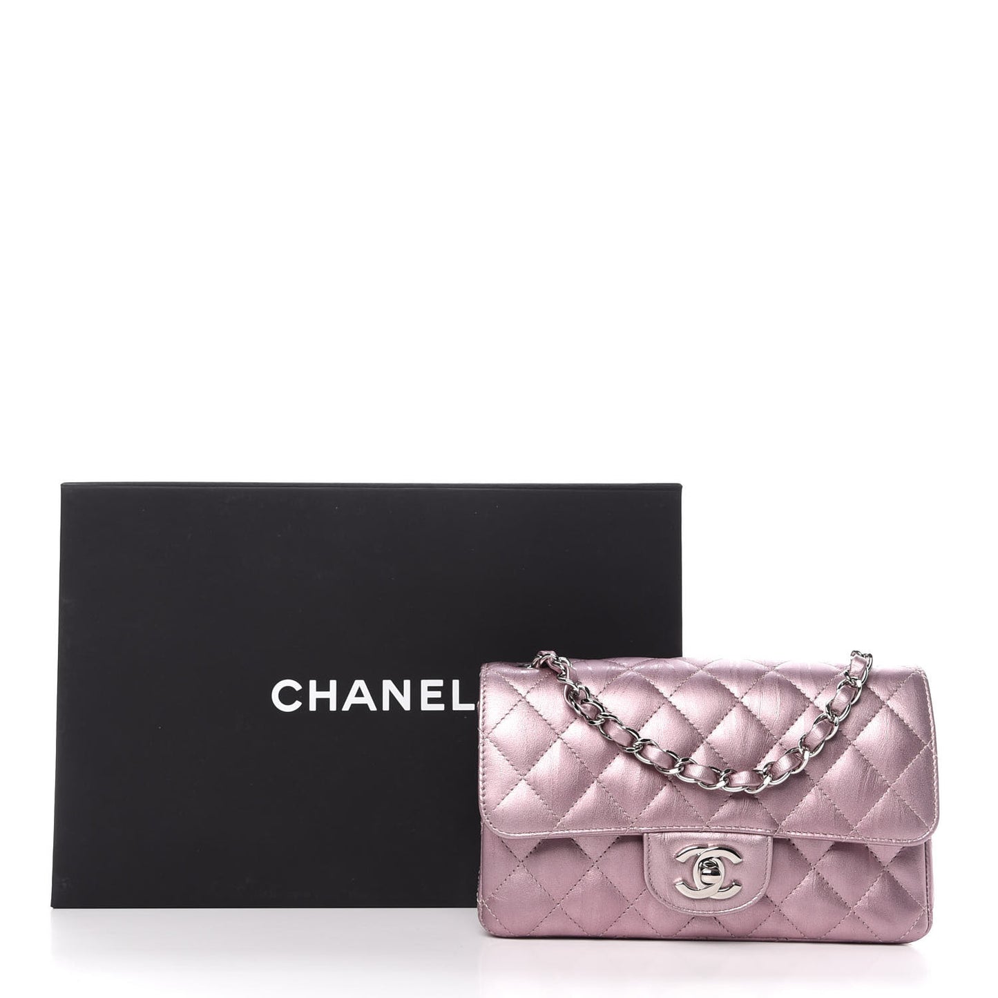 Metallic Calfskin Quilted Mini Rectangular Flap Pink