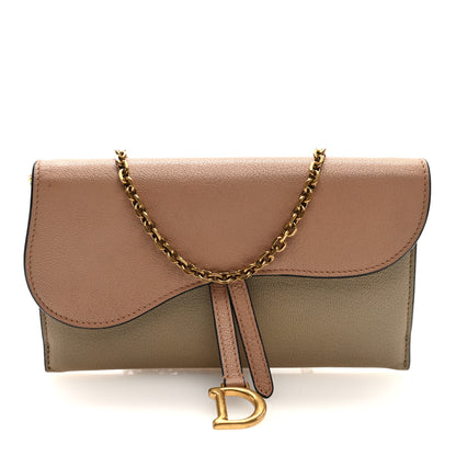 Christian Dior Grained Calfskin Saddle Chain Wallet Pouch Beige Taupe 1 of 10