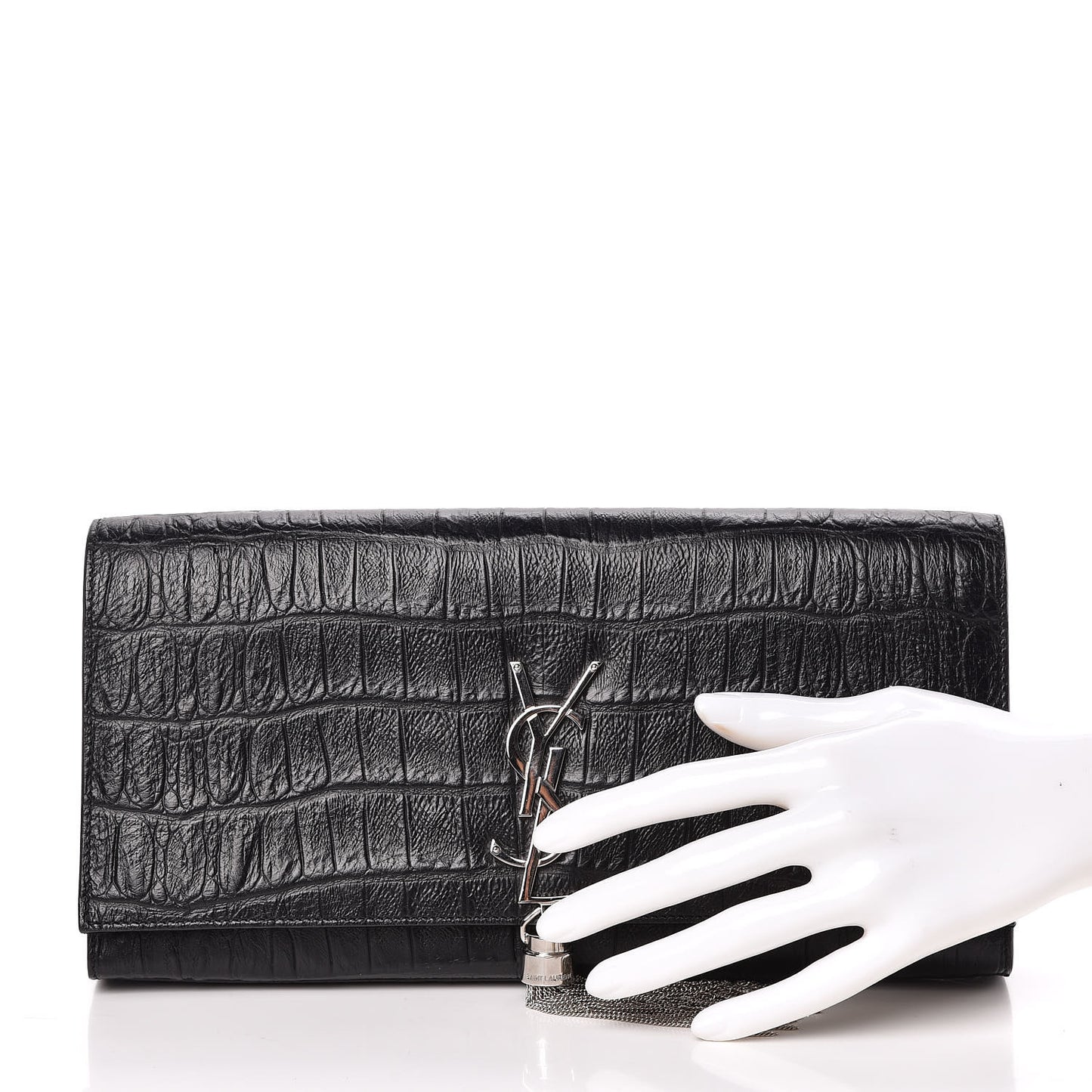 Calfskin Crocodile Embossed Classic Monogram Tassel Clutch Black