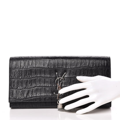 Saint Laurent Calfskin Crocodile Embossed Classic Monogram Tassel Clutch Black 2 of 6