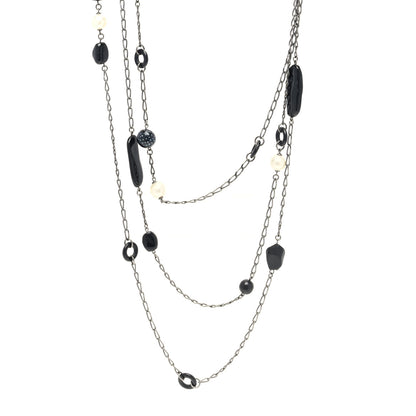Chanel Resin Pearl Beaded CC Cross Multi Strand Long Necklace Ruthenium Black 1 of 5