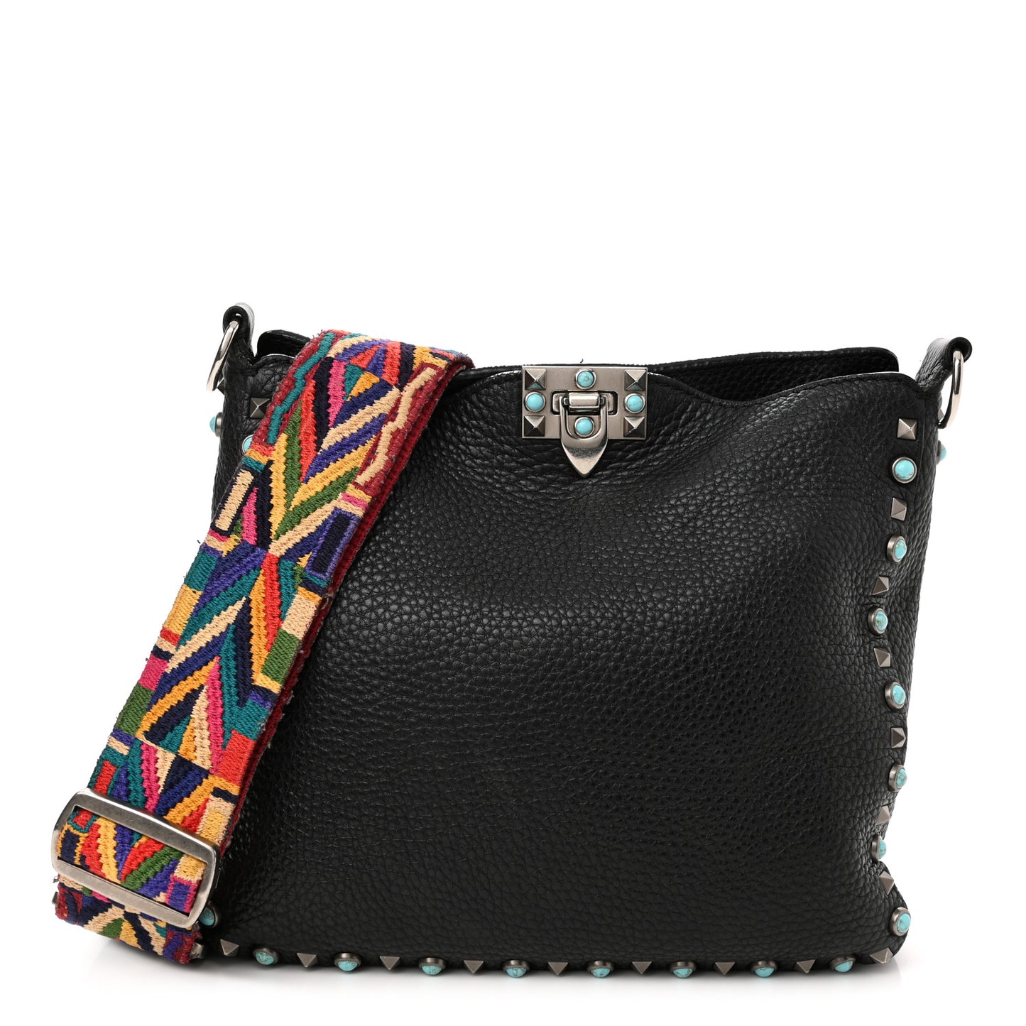 Pebbled Calfskin Tribal Small Guitar Strap Rockstud Rolling Flip-Lock Messenger Bag Black