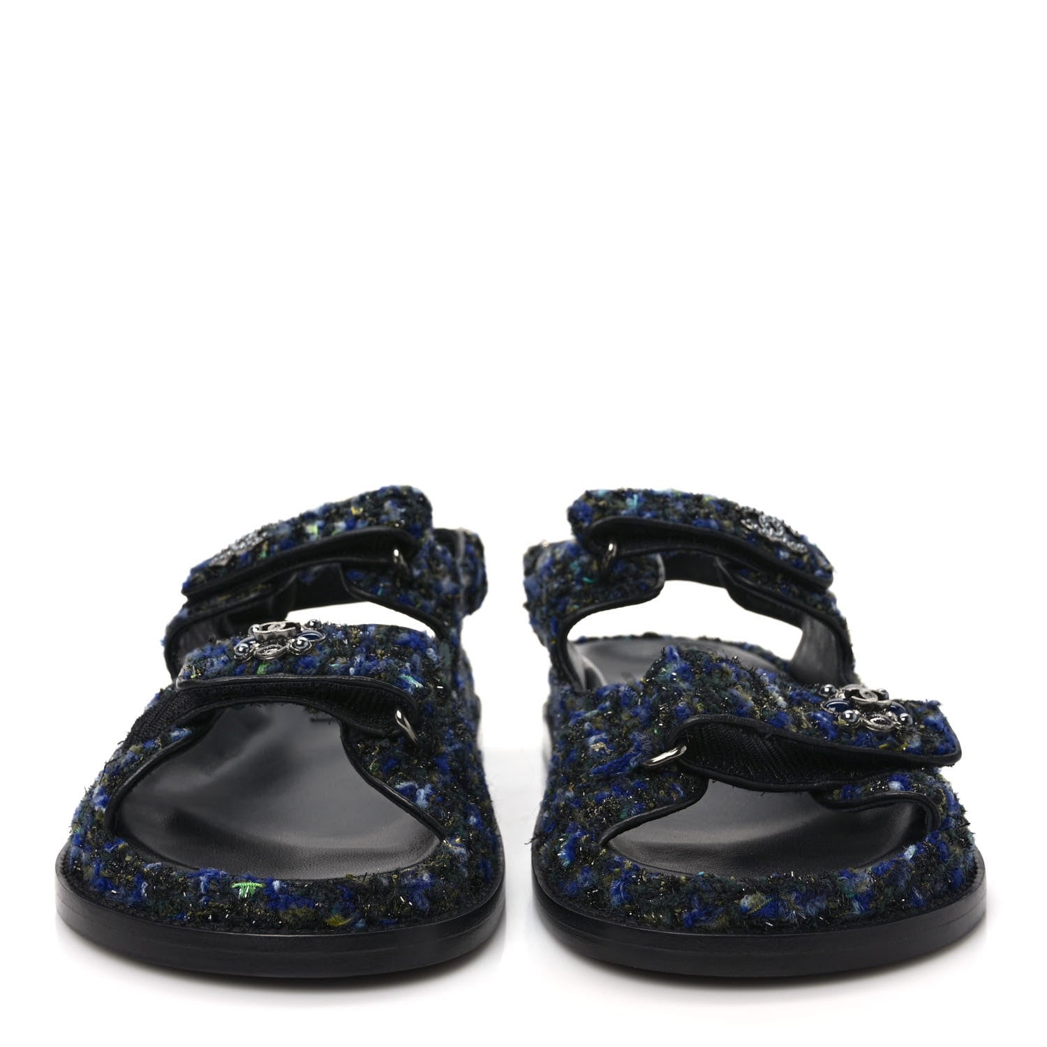 Chanel Iridescent Tweed Velcro Dad Sandals 37 Navy Blue Multicolor 2 of 9