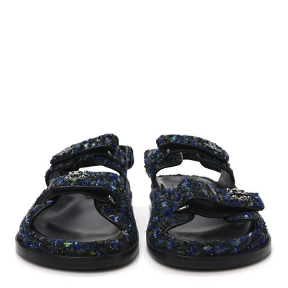Chanel Iridescent Tweed Velcro Dad Sandals 37 Navy Blue Multicolor 2 of 9
