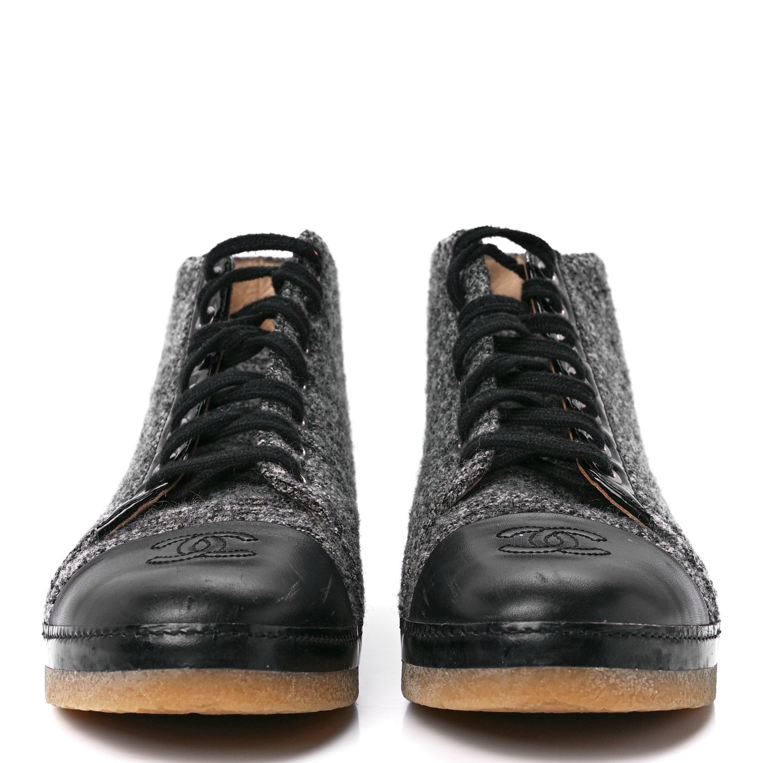 Chanel Tweed Patent Lambskin High Top Sneakers 36.5 Black Grey 2 of 8