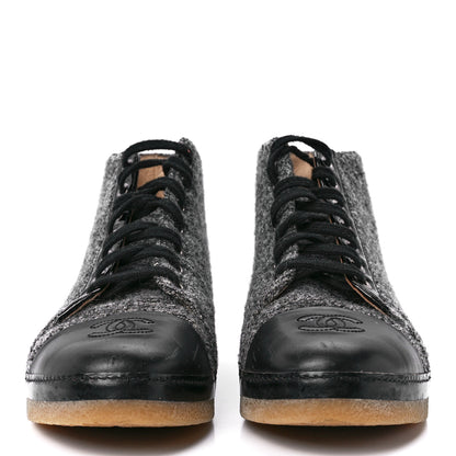 Chanel Tweed Patent Lambskin High Top Sneakers 36.5 Black Grey 2 of 8