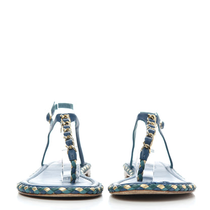 Chanel Lambskin Braided CC Logo Thong Sandals 39 Blue Gold 2 of 16
