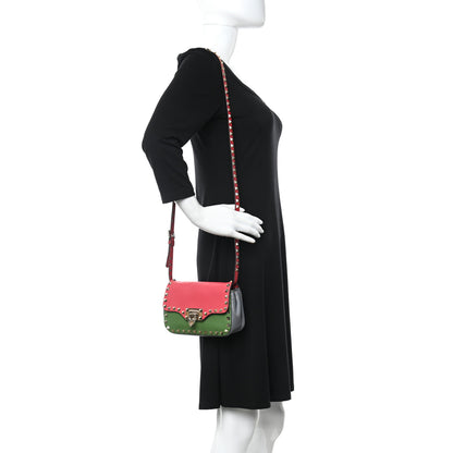 Valentino Garavani Vitello Colorblock Mini Rockstud Flap Saddle Crossbody Bag Deep Rose Green Grey Scarlet 2 of 9