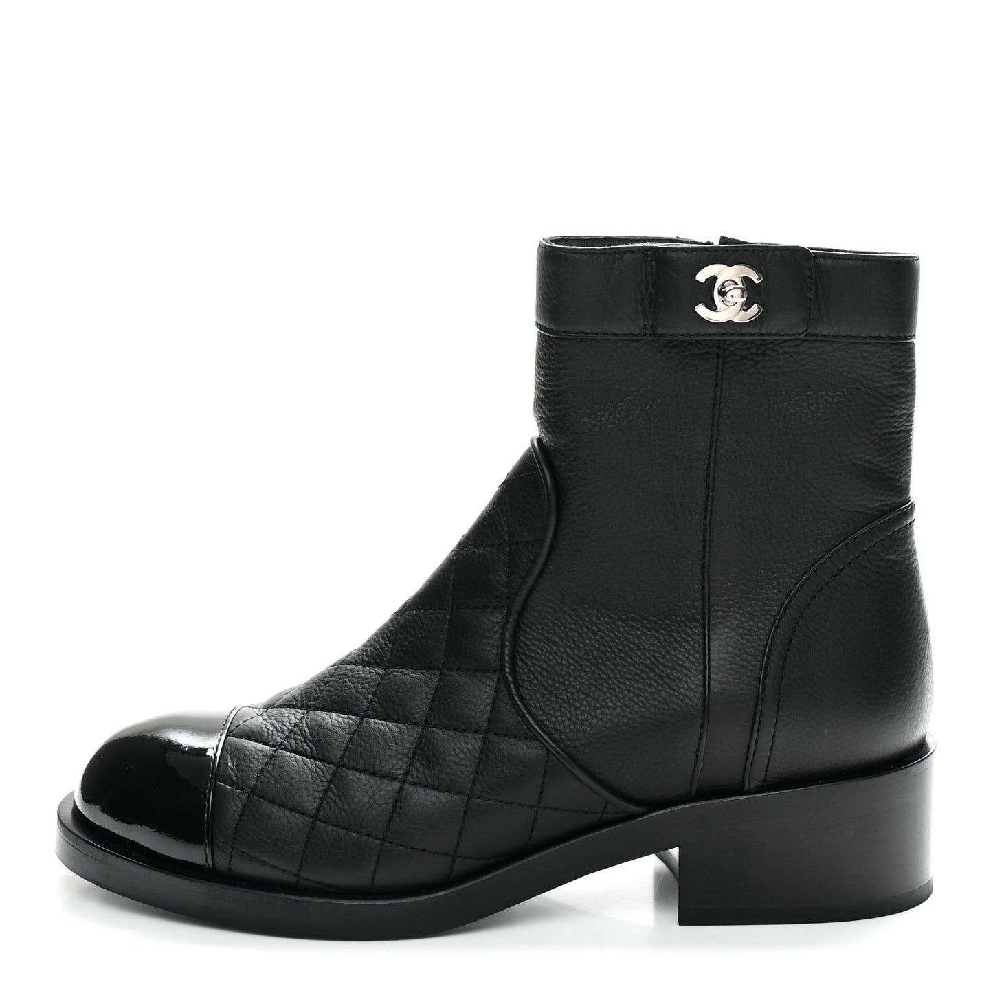 Calfskin Patent Quilted Cap Toe Short Boots 37.5 Black