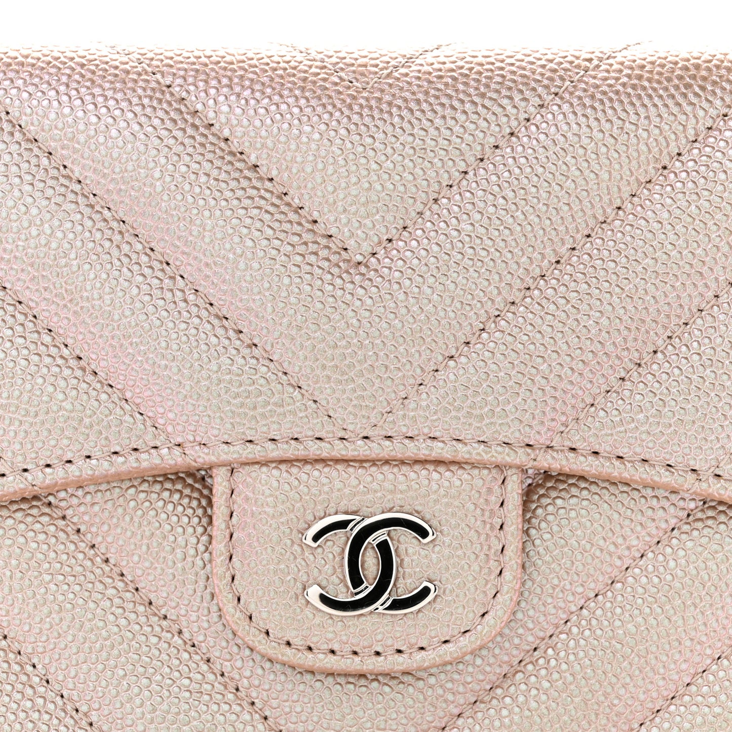 Metallic Caviar Chevron Quilted Compact Flap Wallet Light Gold