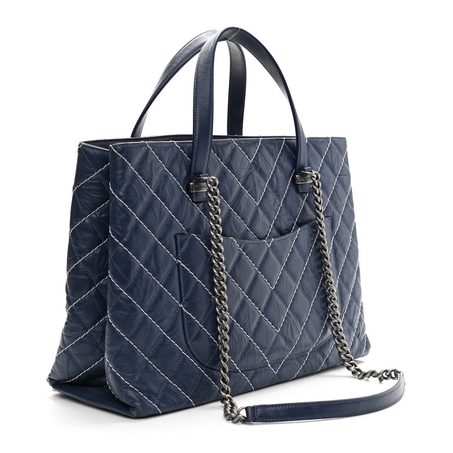 Calfskin Chevron Stitched Shopping Tote Navy