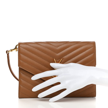 Saint Laurent Grain De Poudre Matelasse Chevron Monogram Cassandre Flap Pouch Natural Dark 2 of 6