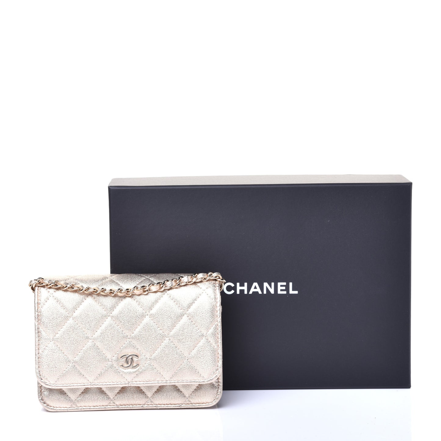 Metallic Lambskin Quilted Mini Wallet On Chain WOC Gold