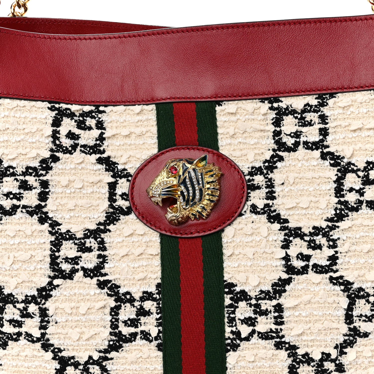 Gucci Tweed GG Monogram Large Rajah Chain Tote White Black Romantic Cherry 8 of 10