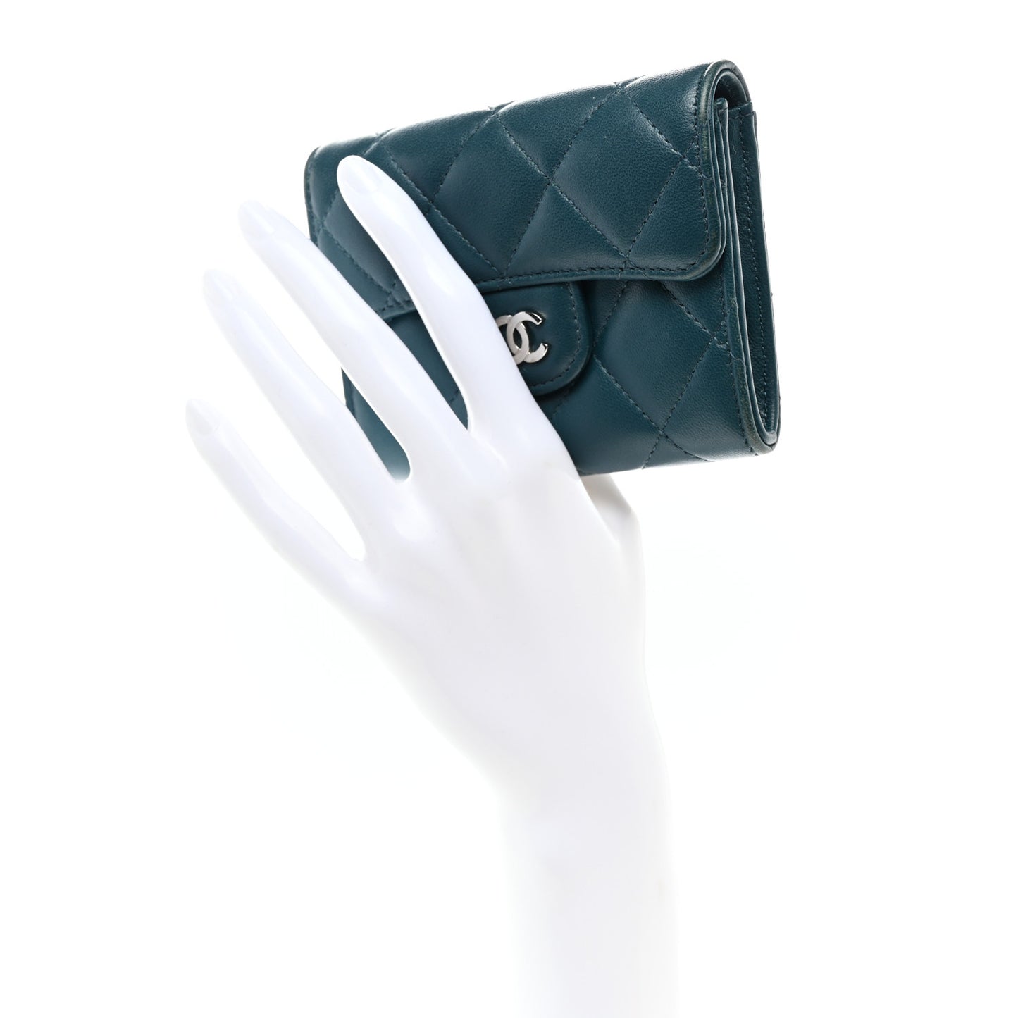 Lambskin Quilted Flap Card Holder Wallet Dark Turquoise