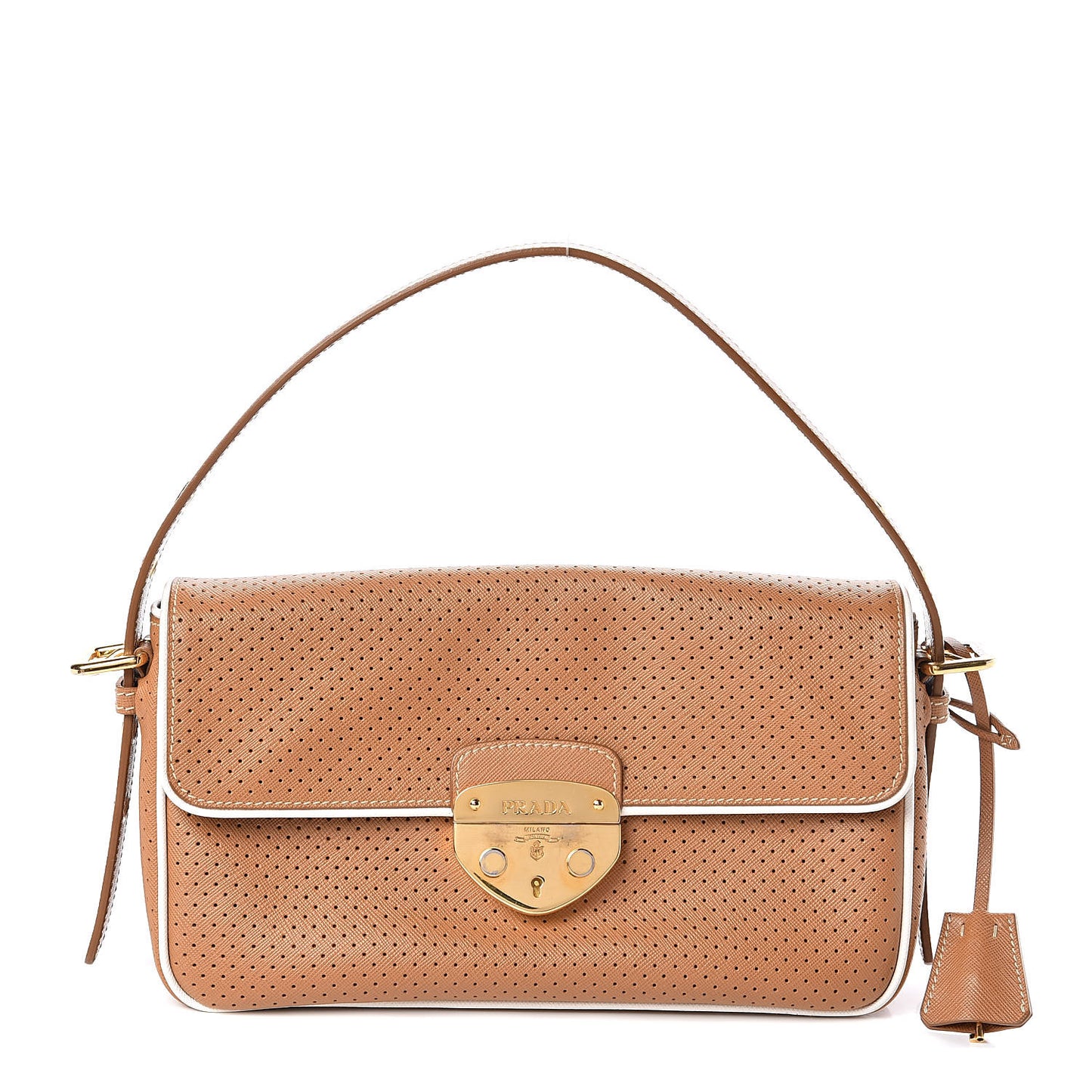Saffiano Perforated Pushlock Flap Bag Cuoio