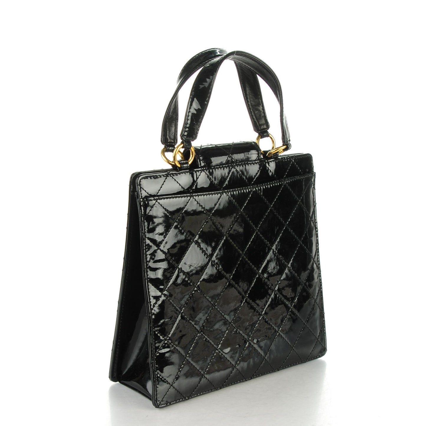 Patent Quilted Top Handle Tote Black