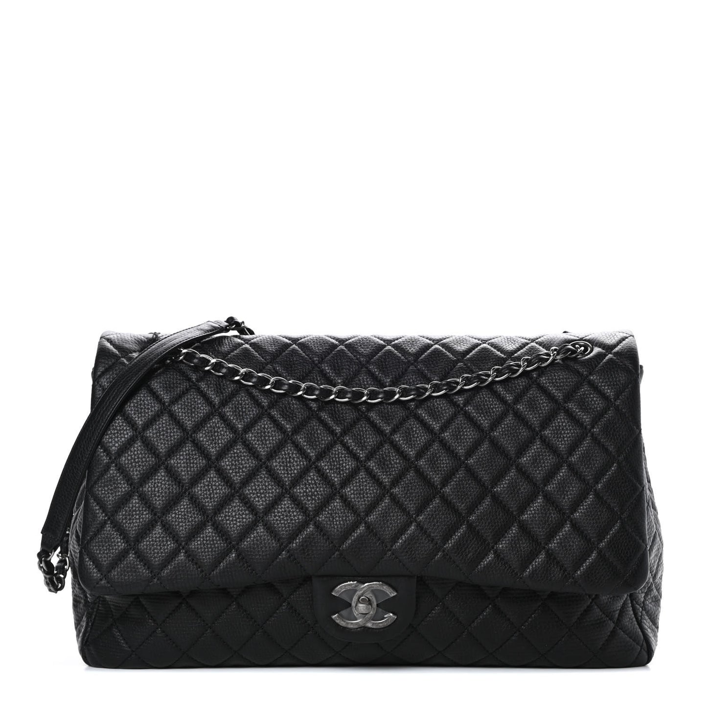 Calfskin Quilted XXL Travel Flap Bag Black