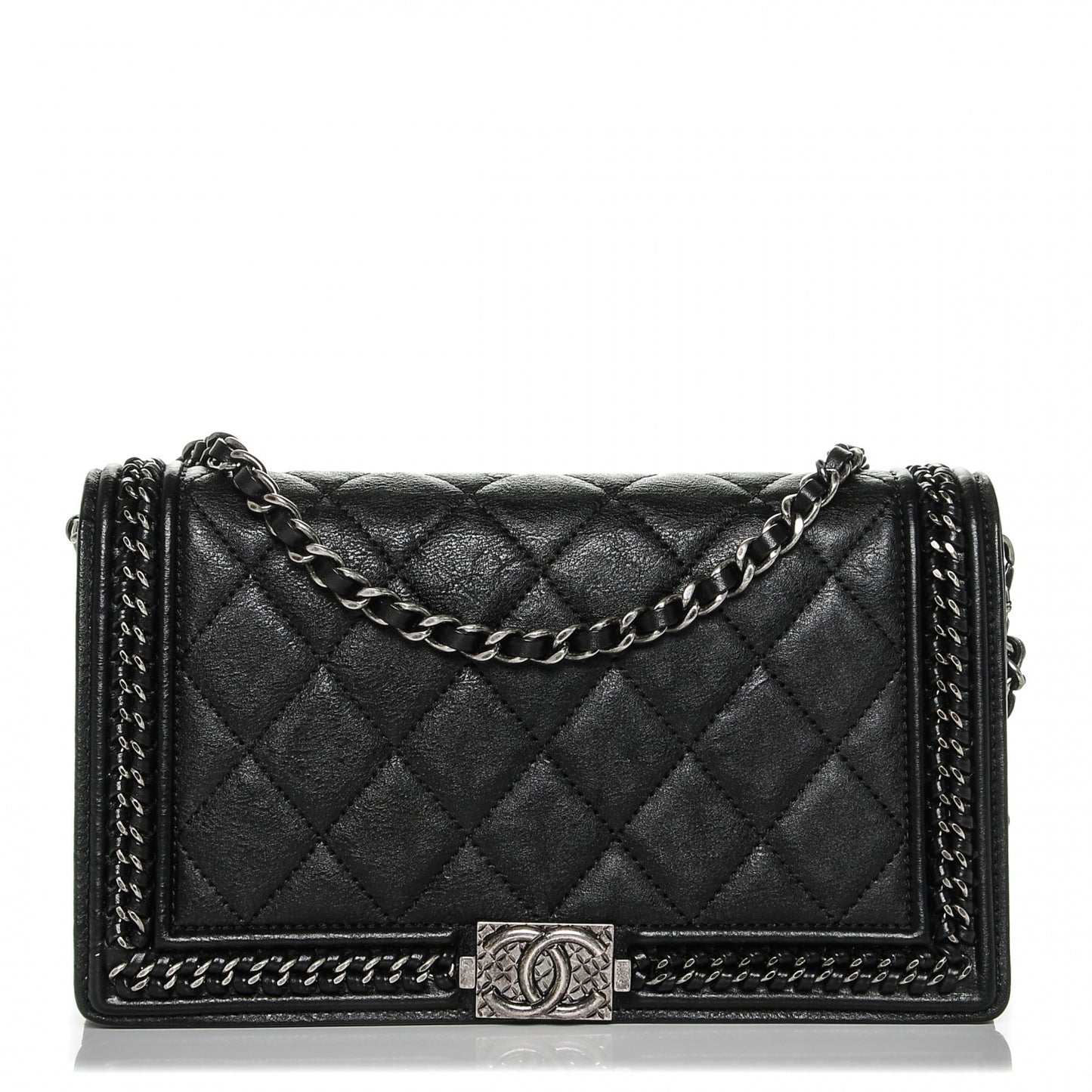 Calfskin Quilted Chain Around Boy Wallet On Removable Chain WOC Black