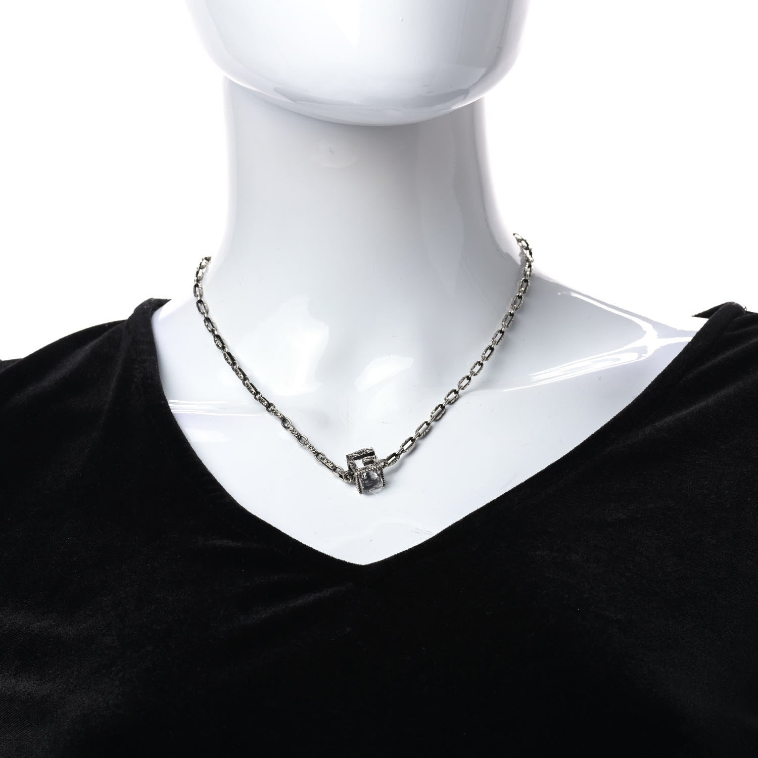 Gucci Sterling Silver Rock Crystal Textured G-Cube Pendant Necklace 2 of 6
