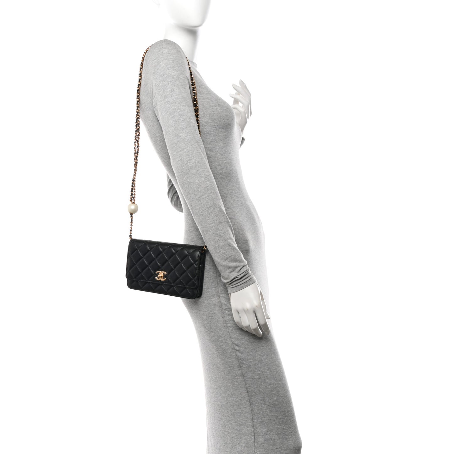 Lambskin Quilted CC Pearl Wallet on Chain WOC Black