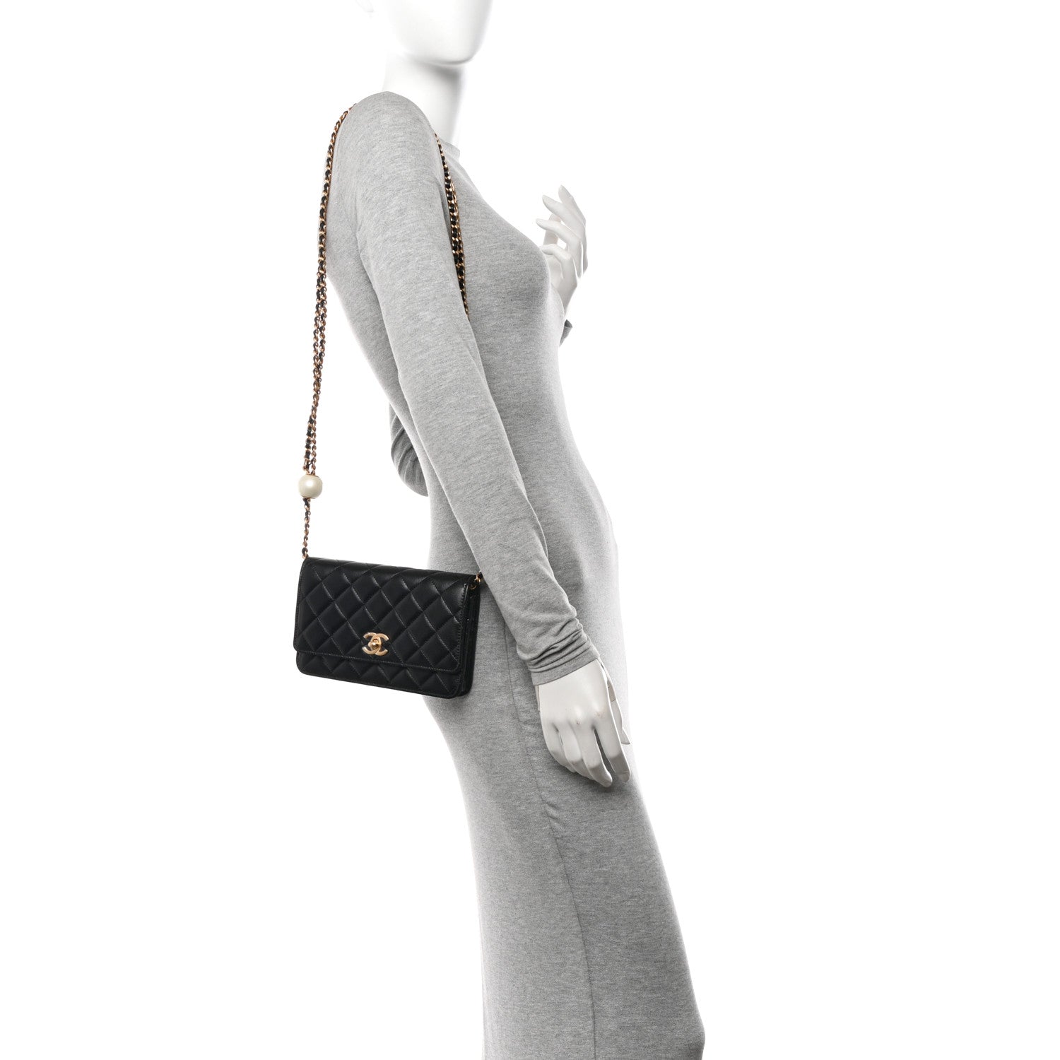 Chanel Lambskin Quilted CC Pearl Wallet on Chain WOC Black 2 of 12