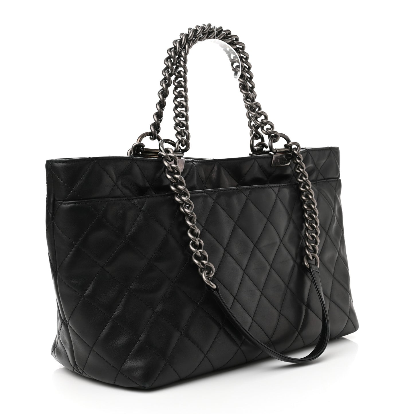 Calfskin Quilted Small Shopping In Chains Tote Black