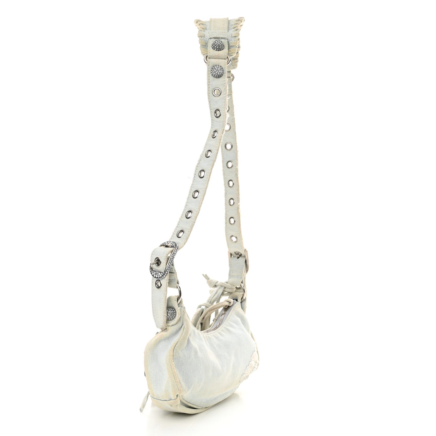 Washed Frayed Denim Crystal XS Le Cagole Shoulder Bag Pale Blue