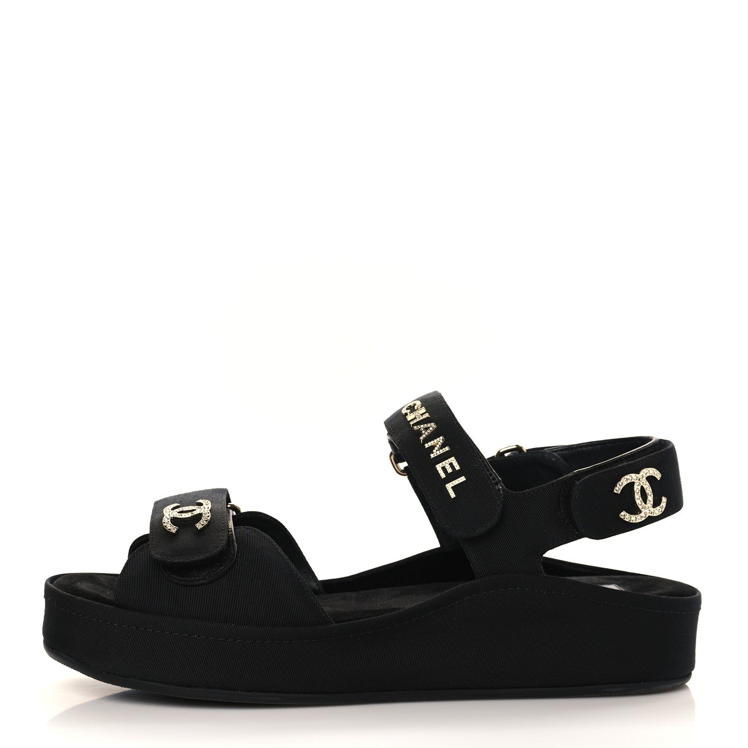 Chanel Grosgrain Crystal Logo Platform Sandals 38 Black 1 of 8
