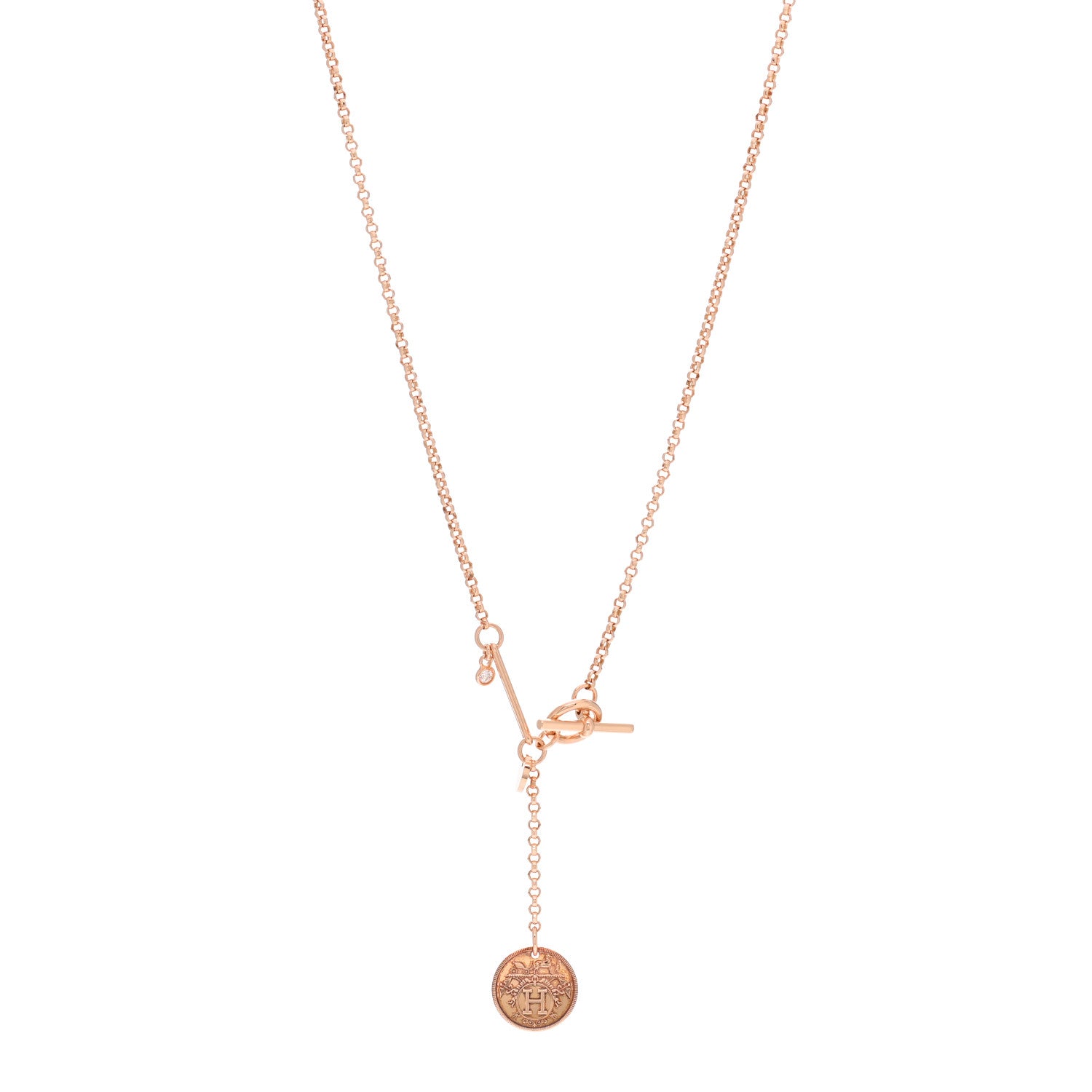 Hermes 18K Rose Gold Diamond PM Ex-Libris Pendant Necklace 1 of 5