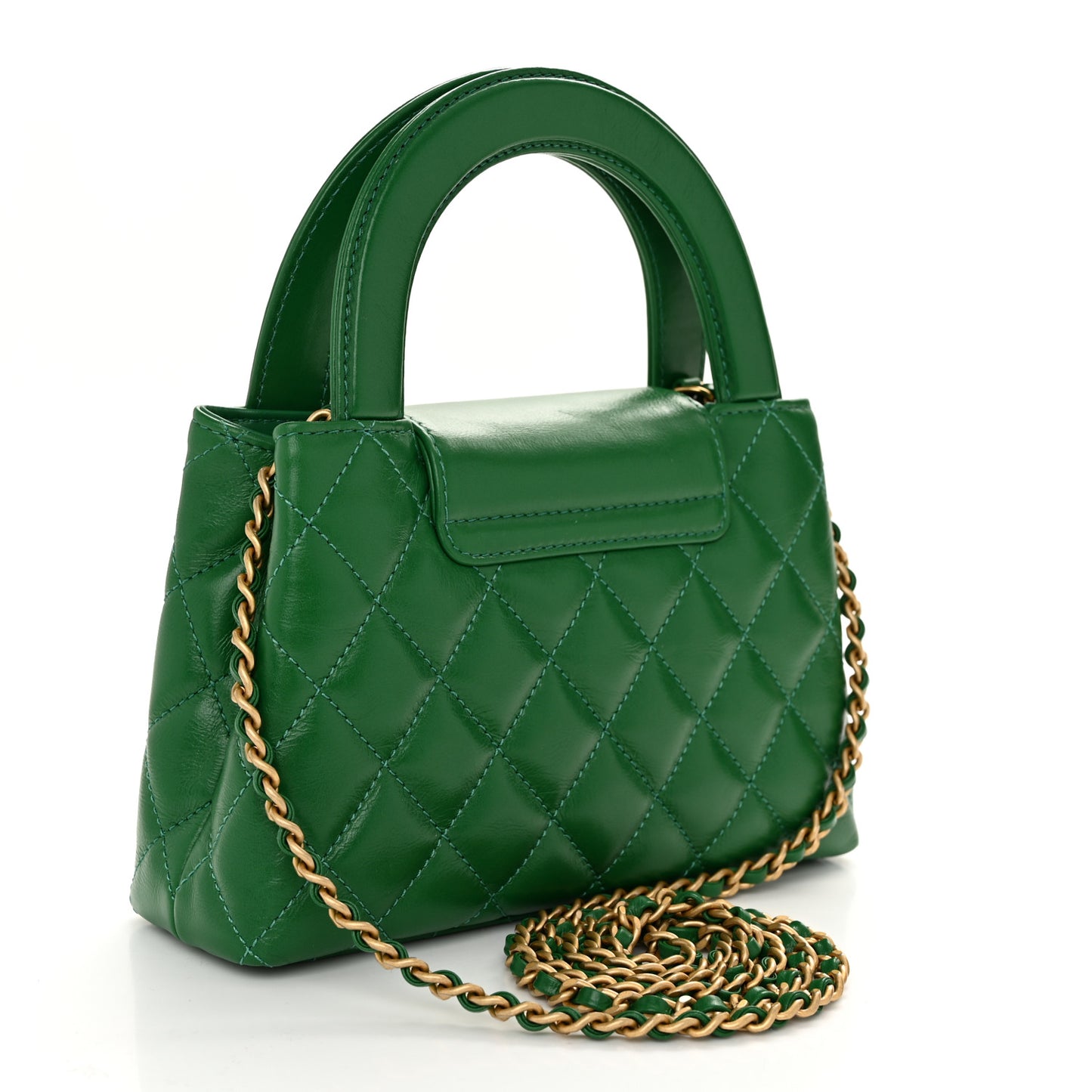 Shiny Aged Calfskin Quilted Nano Kelly Shopper Green