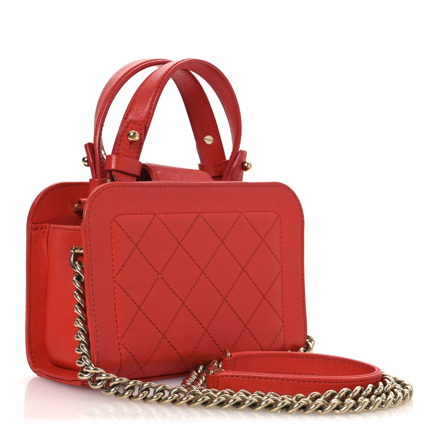 Grained Calfskin Stitched Mini Label Click Shopper Tote Red
