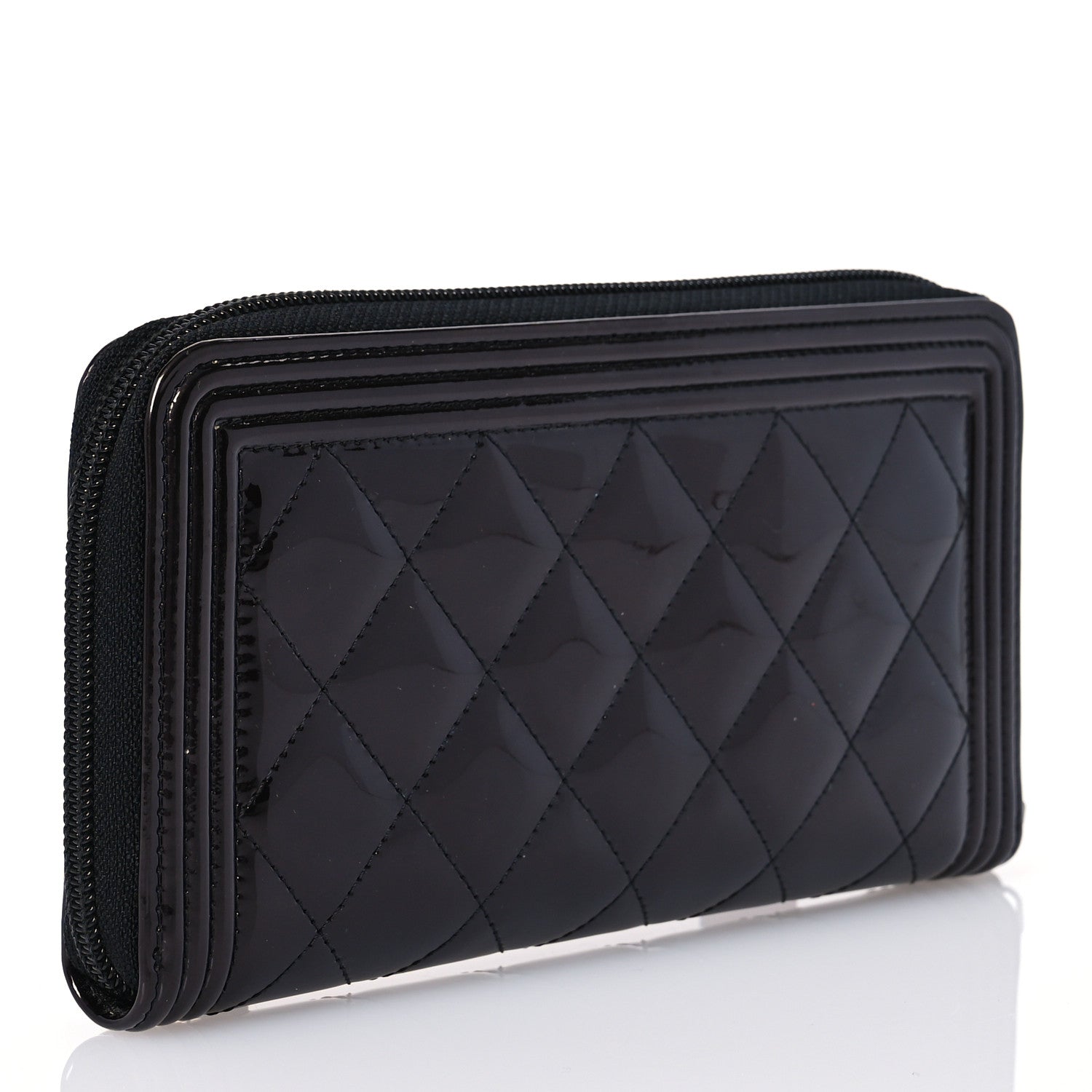Chanel Patent Calfskin Quilted Boy L-Gusset Zip Wallet Black 3 of 13