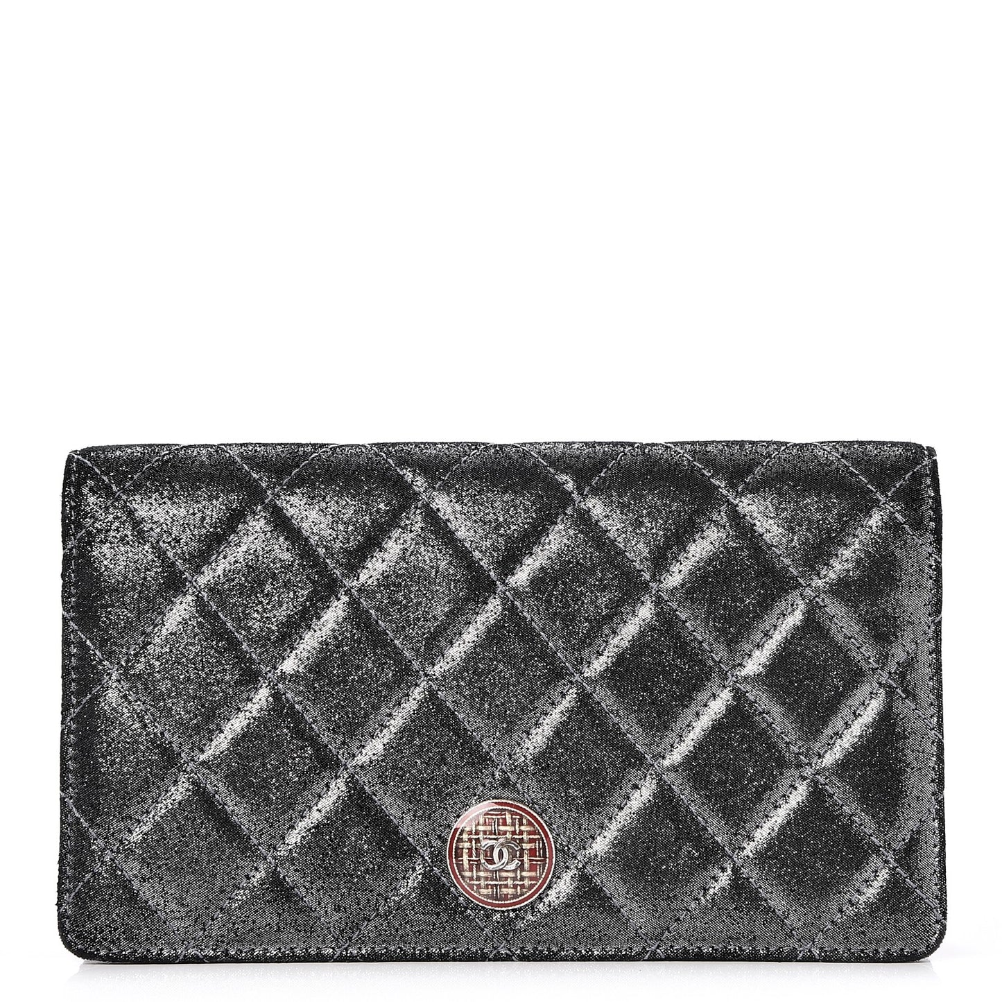 Iridescent Calfskin Quilted Tartan Button Yen Wallet Grey