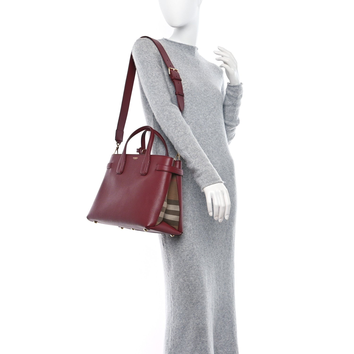 Burberry Grainy Calfskin House Check Medium Banner Tote Mahogany Red 2 of 9