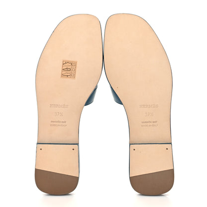 Hermes Calfskin Oran Sandals 37.5 Bleu Emeraude 5 of 9