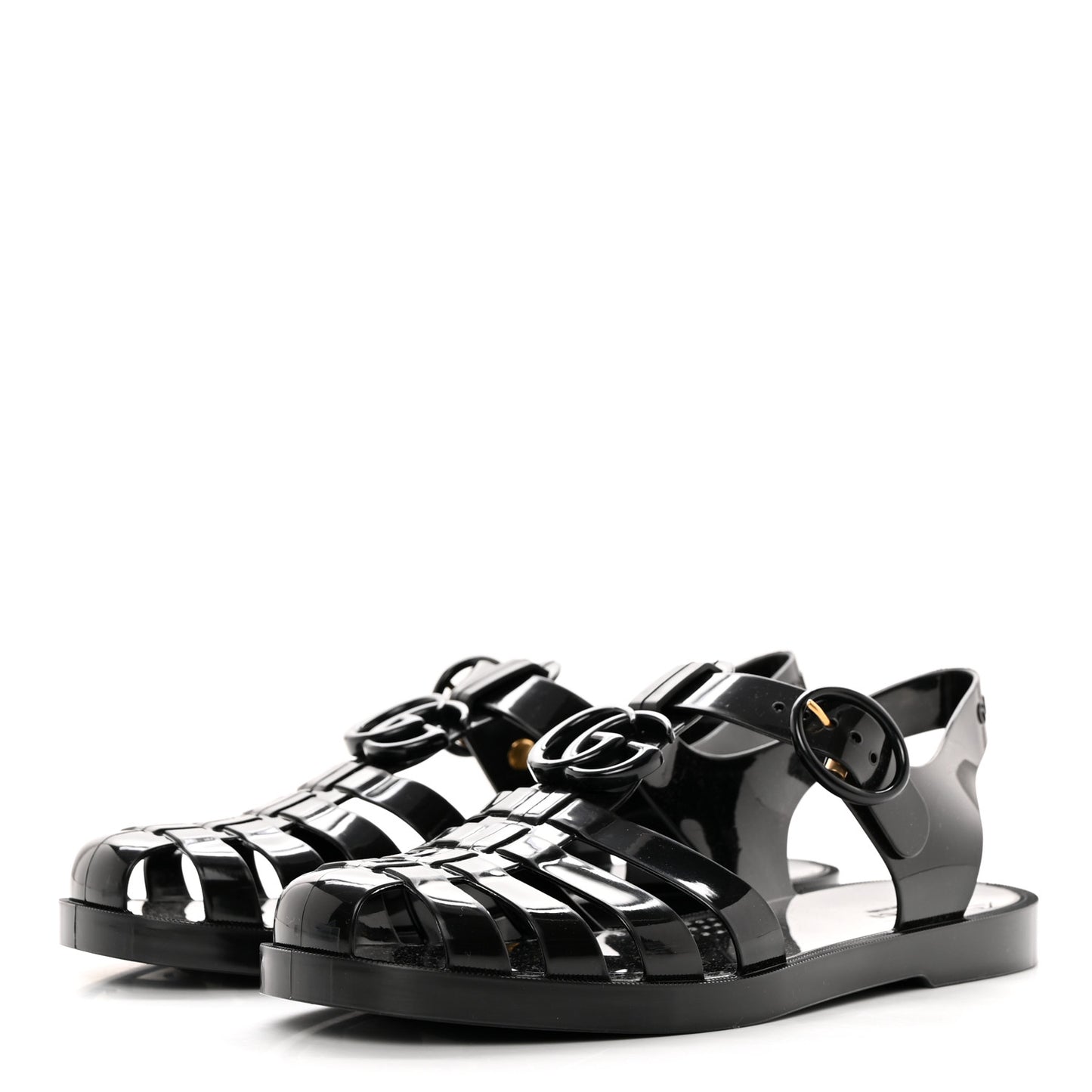 Shiny Rubber Double G Buckle Strap Sandals 36 Black