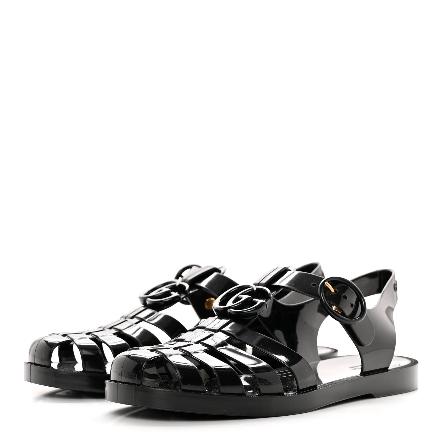 Gucci Shiny Rubber Double G Buckle Strap Sandals 36 Black 3 of 9