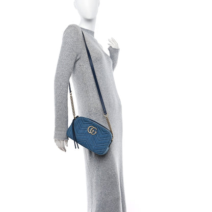 Gucci Denim Matelasse Small Pearly GG Marmont Chain Shoulder Bag Blue 2 of 10