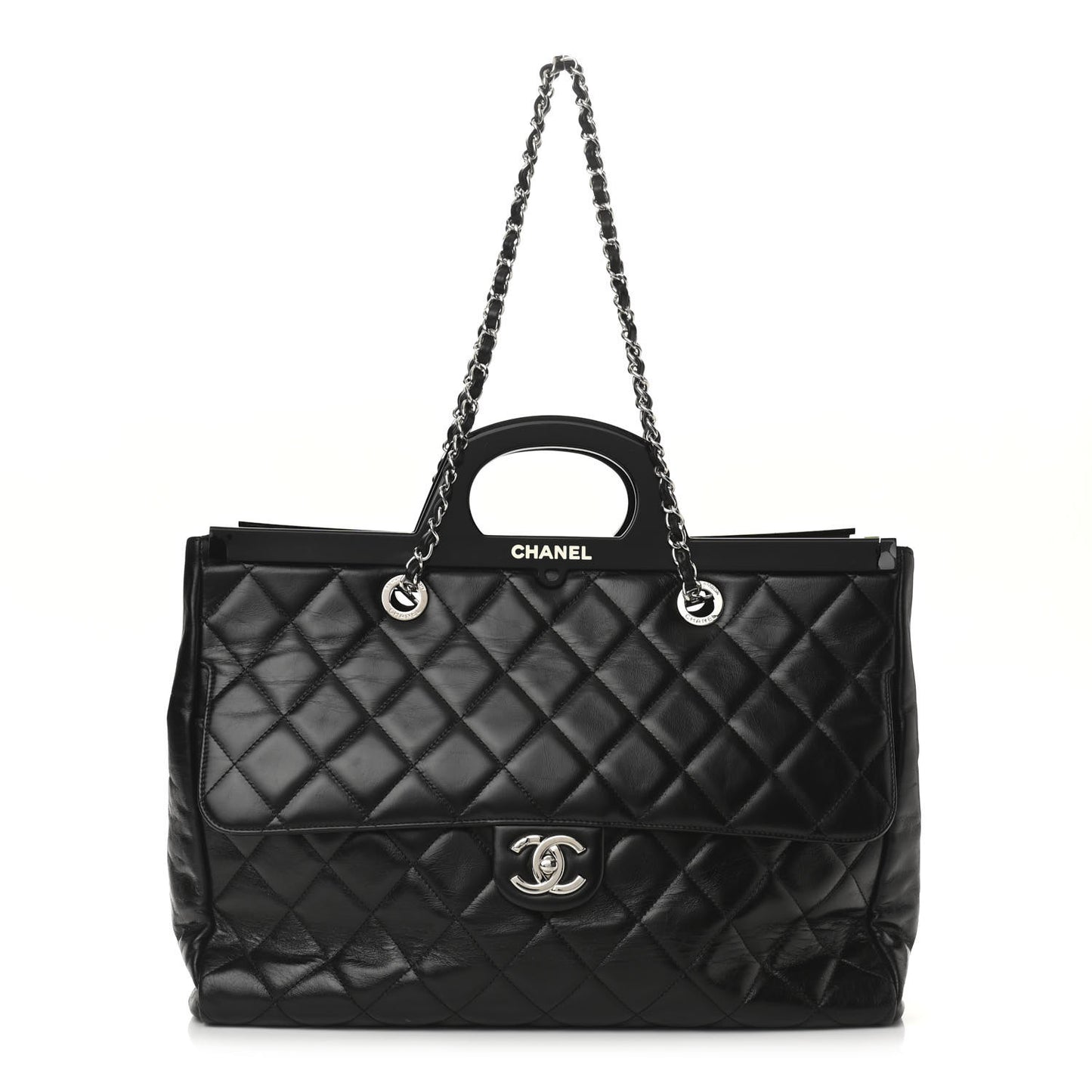 Glazed Calfskin Quilted Large CC Delivery Tote Black