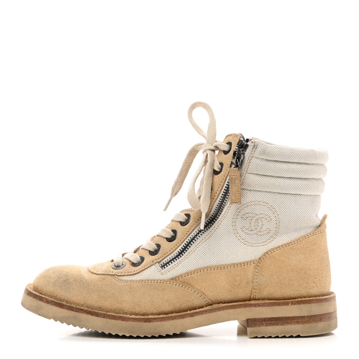 Toile Suede Calfskin CC Lace Up Short Boots 38 Light Beige