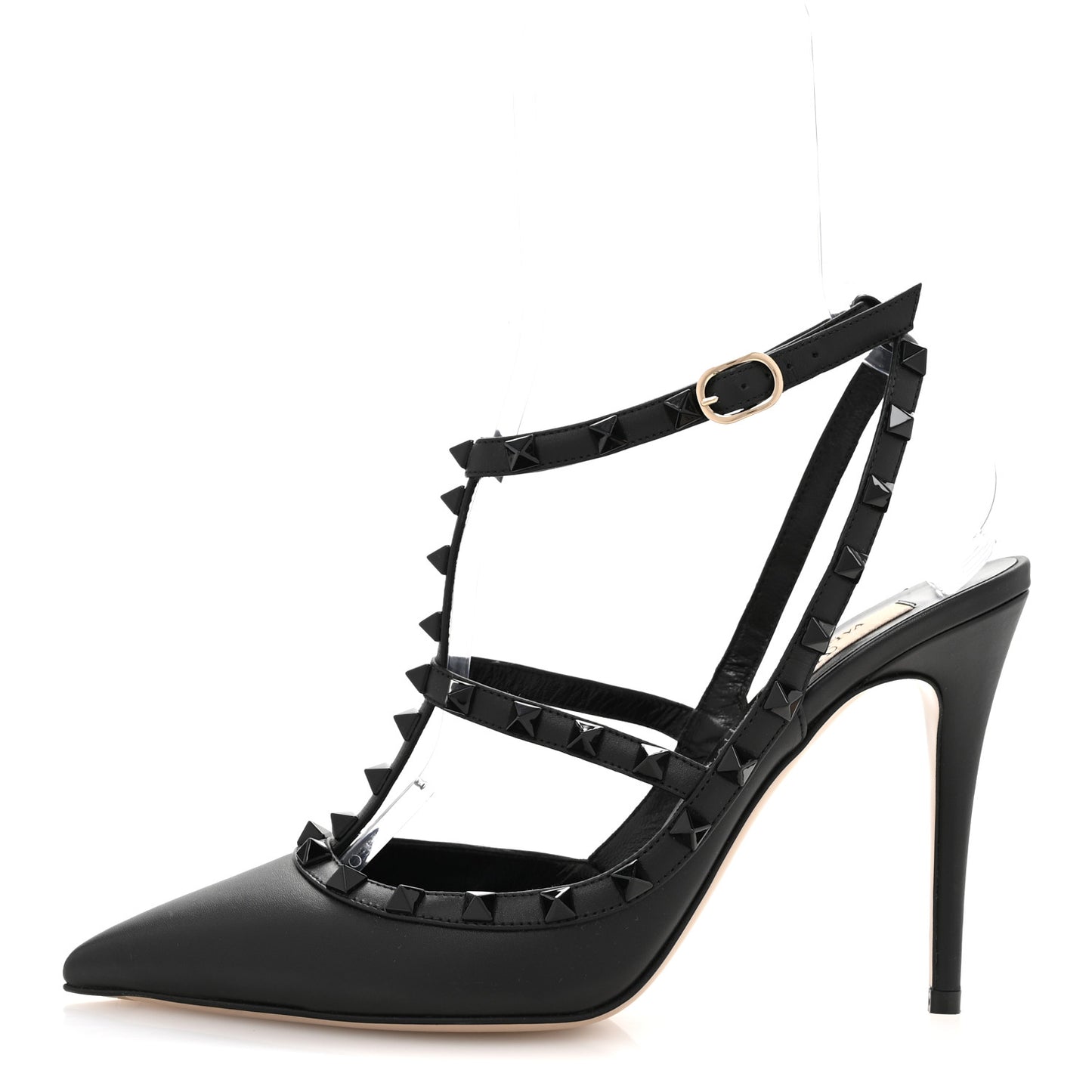 Calfskin Nappa Monochrome Rockstud Ankle Strap 100mm Pumps 40 Black