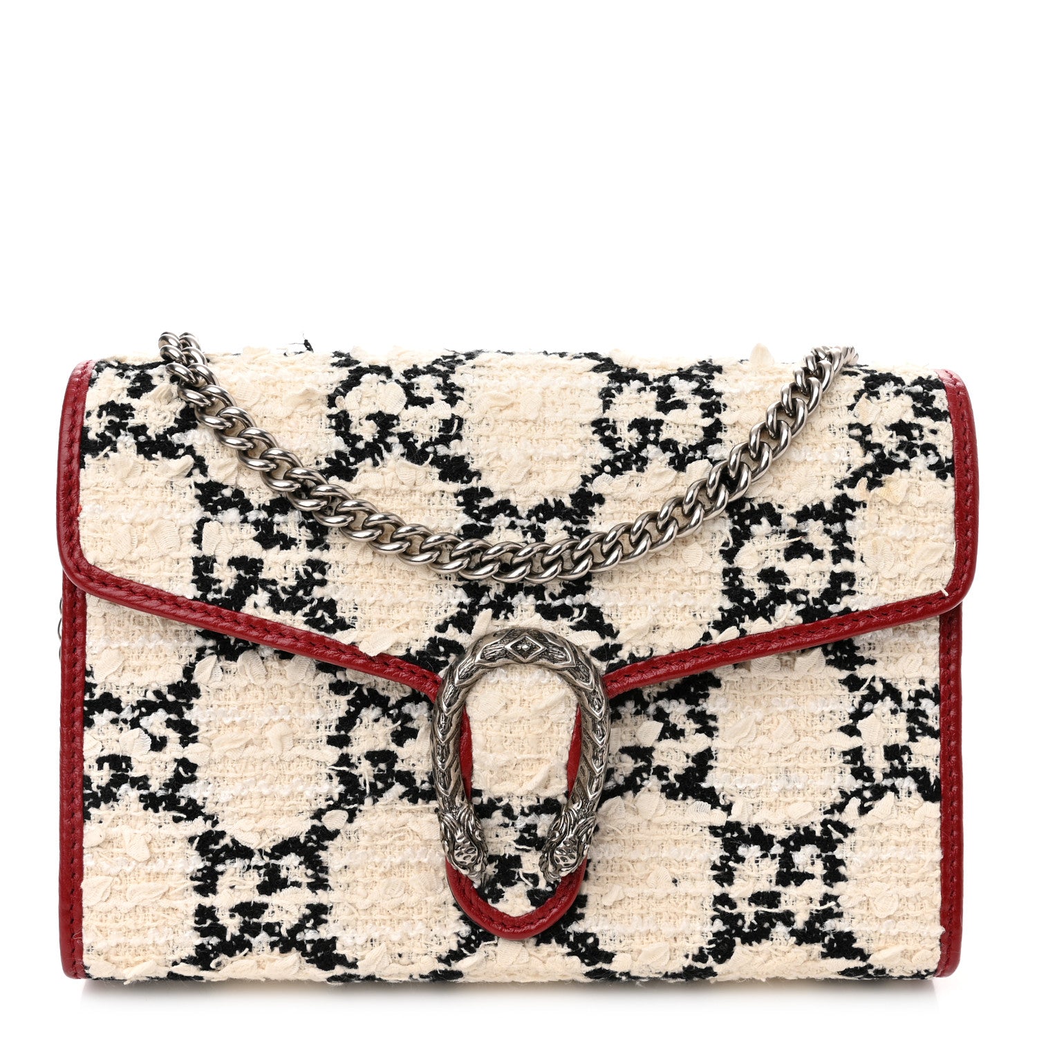 Gucci Tweed GG Monogram Mini Dionysus Chain Wallet White Black Romantic Cherry 1 of 11