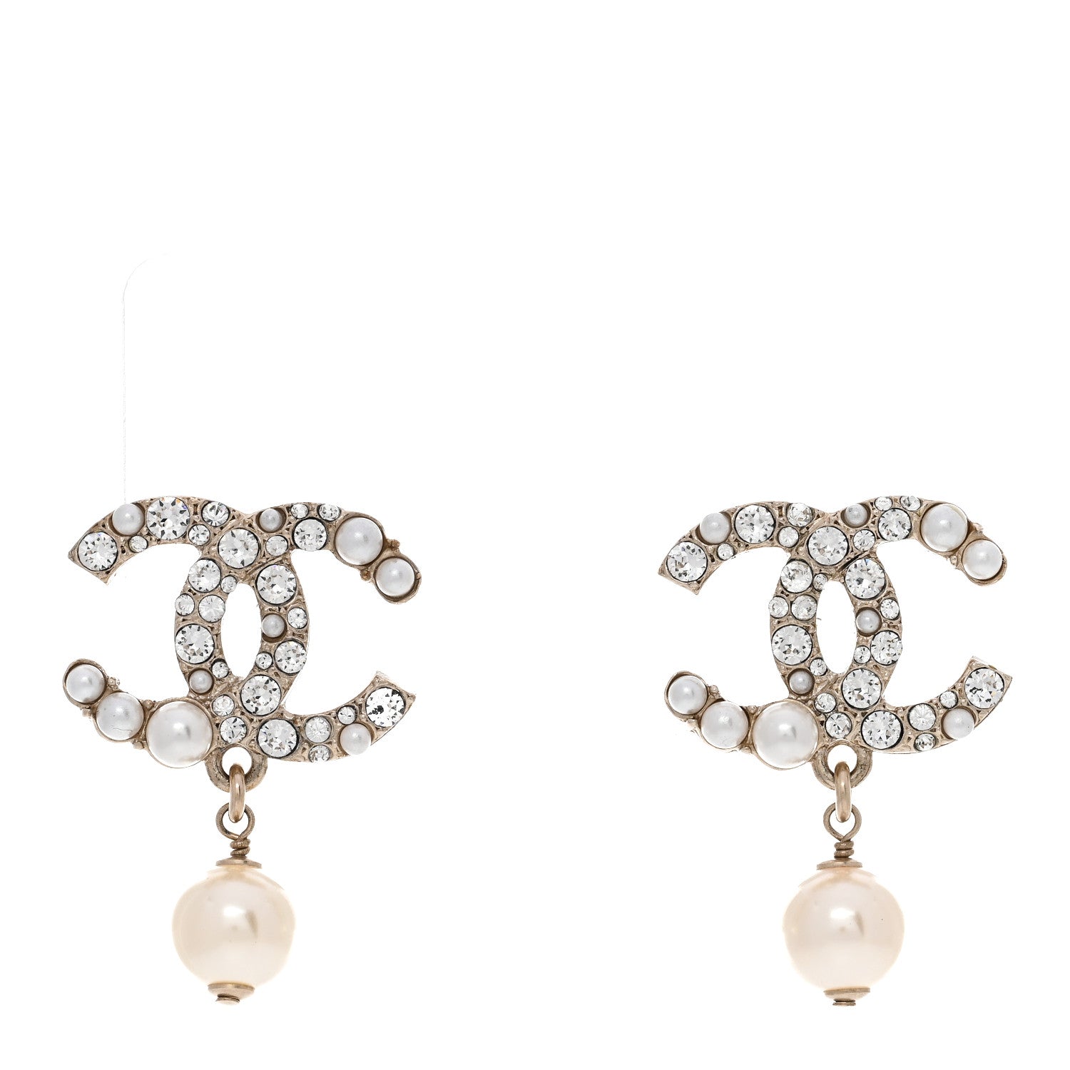 Chanel Crystal Pearl CC Drop Earrings Gold Pearly White 1 of 5