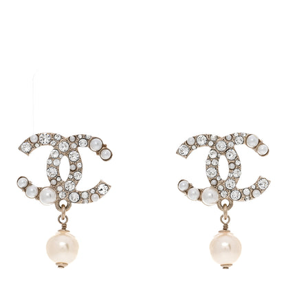 Chanel Crystal Pearl CC Drop Earrings Gold Pearly White 1 of 5