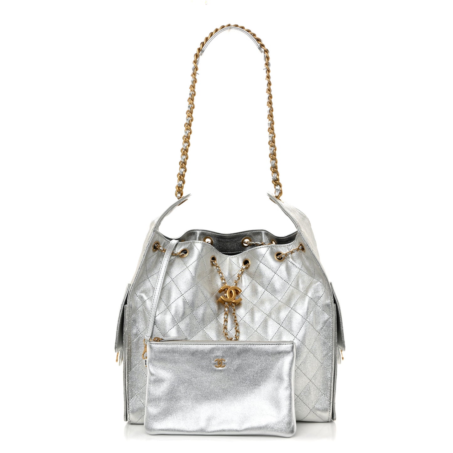 Metallic Caviar Quilted Medium Chanel 25 Handbag Silver