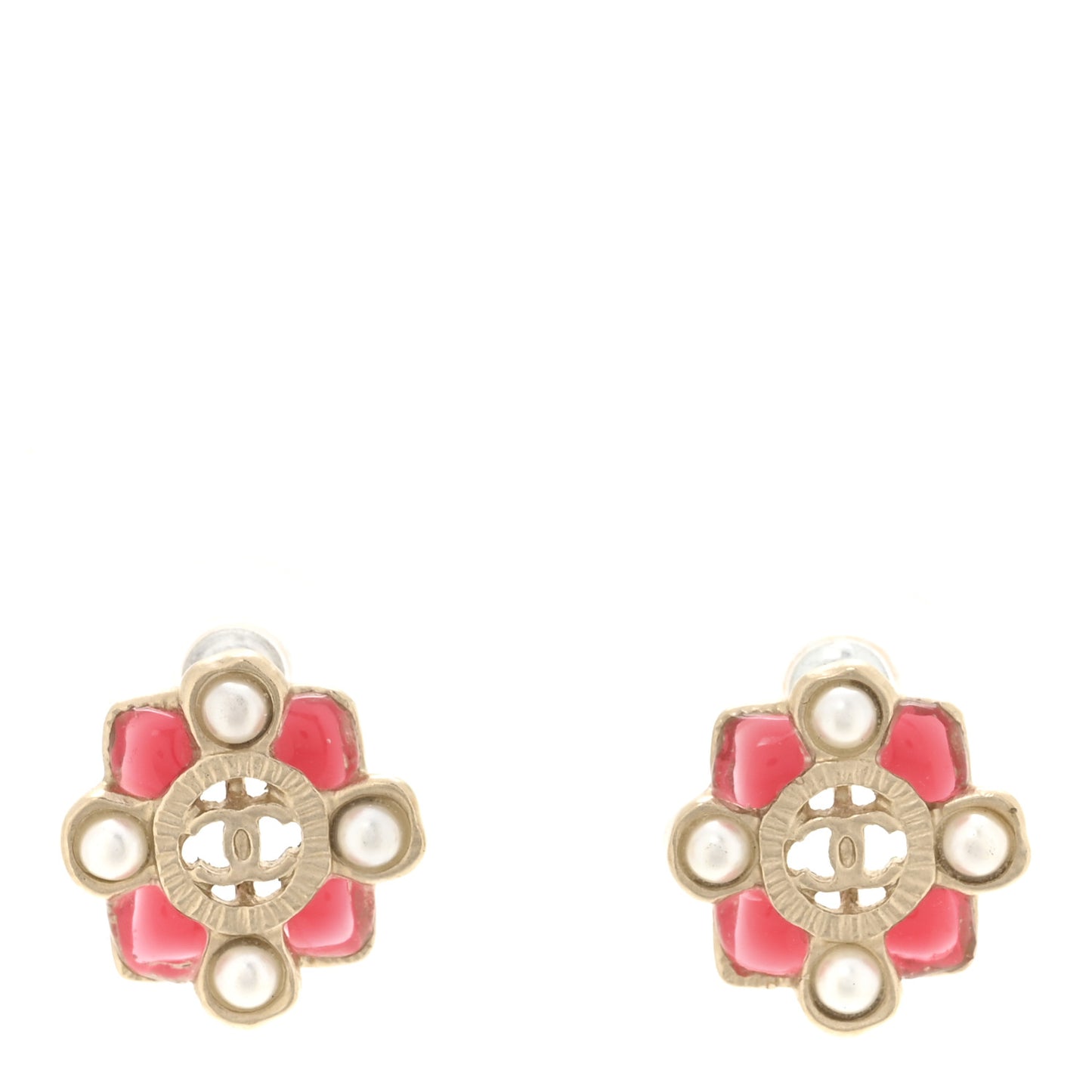 Resin Gripoix Poured Glass Pearl CC Earrings Gold Pink White