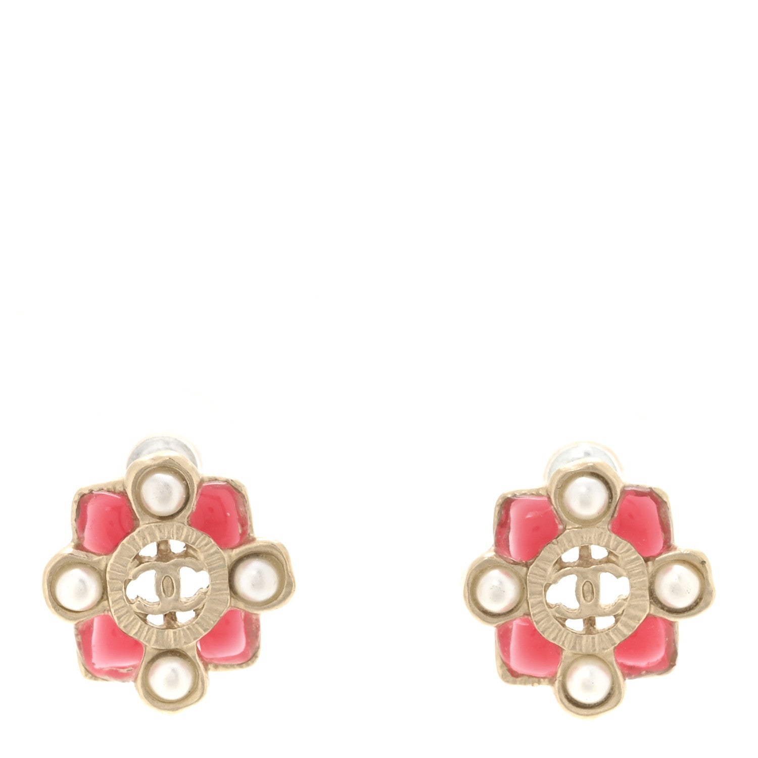 Chanel Resin Gripoix Poured Glass Pearl CC Earrings Gold Pink White 1 of 5