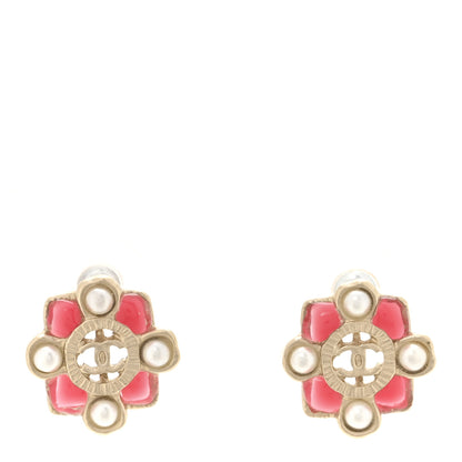 Chanel Resin Gripoix Poured Glass Pearl CC Earrings Gold Pink White 1 of 5